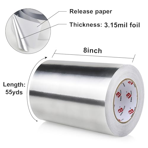 BOMEI PACK Aluminum Foil Tape,Heavy Duty Metal Duct Tape,High Temperature Silver Tape,Perfect for Sealing & Patching,HVAC,Air Ducts,Insulation and Metal Repair (8 Inch x 55 Yards) - size: 8 Inch x 55 Yards