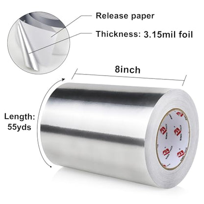 BOMEI PACK Aluminum Foil Tape,Heavy Duty Metal Duct Tape,High Temperature Silver Tape,Perfect for Sealing & Patching,HVAC,Air Ducts,Insulation and Metal Repair (8 Inch x 55 Yards) - size: 8 Inch x 55 Yards