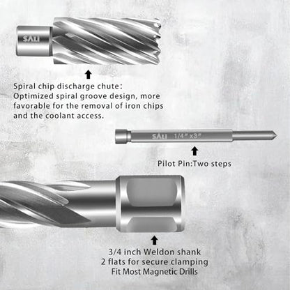 SALI 2 pcs Annular Cutter Diameter 7/8 Inch with Weldon Shank 3/4" (with 2 Flats) Cutting Depth 1" Mag Drill Bit for Magnetic Drill Press HSS Fully Ground Drill with One 1/4"*3" Pilot Pin - size: 7/8"*1"