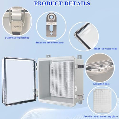 Waterproof Electrical Box with Mounting Plate, IP67 Junction Box Stainless Steel Latch Hinged Clear Cover Project Enclosure with Wall Bracket and 2 Glands 8.3" x 8.3" x 3.9" - color: Clear, size: 8.3" x 8.3" x 3.9"