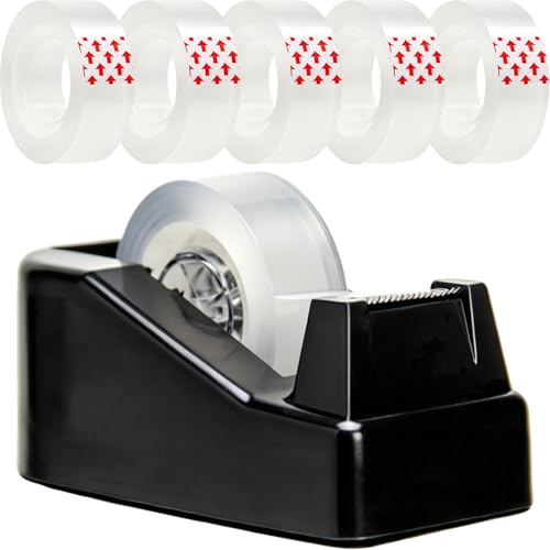 Tape Dispenser Desk,Desktop Tape Dispenser, Tape Dispenser with Weighted Non-Skid Base, Includes 6 Rolls Transparent Tape (0.71" x 1000"),Heavy Duty Tape Holder for Office, Home, School(Black) - color: Black