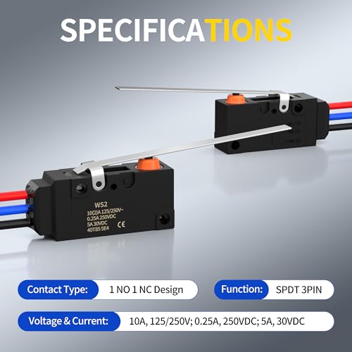 Joinfworld Waterproof Micro Limit Switch with Long Straight Hinge Lever SPDT 3 PIN 10A 125 250V Micorswitch with Pre-Wired for Arduino, Appliance and Electronic - 2Pack - style: WS2-Hinge Lever