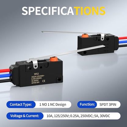 Joinfworld Waterproof Micro Limit Switch with Long Straight Hinge Lever SPDT 3 PIN 10A 125 250V Micorswitch with Pre-Wired for Arduino, Appliance and Electronic - 2Pack - style: WS2-Hinge Lever