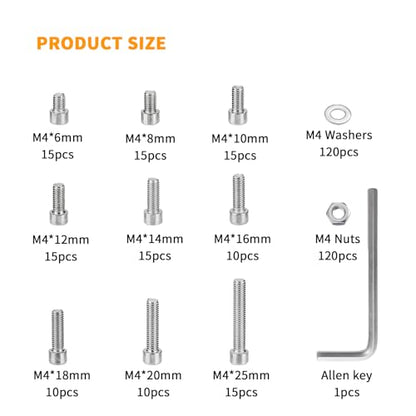 360 Pcs M4 Screws and Nuts Set - Hex Socket Head Cap Screws, Bolts, Nuts, and Washers Assortment - Stainless Steel, Fully Threaded Metric Machine Screw Kit - size: M4