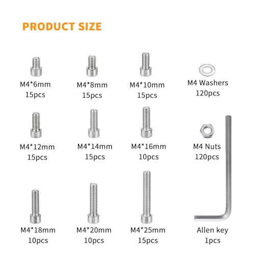 360 Pcs M4 Screws and Nuts Set - Hex Socket Head Cap Screws, Bolts, Nuts, and Washers Assortment - Stainless Steel, Fully Threaded Metric Machine Screw Kit - size: M4