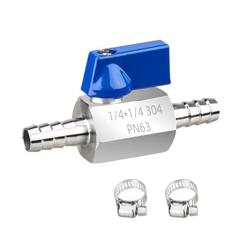 1/4 Inch Barb Ball Valve, Mini 304 Stainless Steel Inline Shut Off Valve for Fuel/Water/Air/Gas Lines, Heavy Duty Hose Barb Fitting with 2 Hose Clamps, 1-Pack - size: 1/4 inch