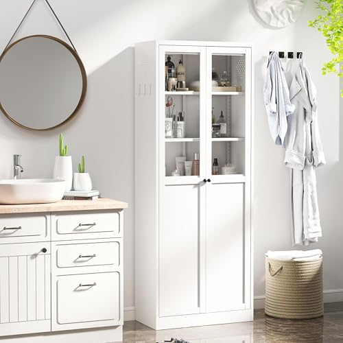 AQY Kitchen Pantry Cabinet,72" White Pantry Storage Cabinet with 5 Tire Adjustable Shelves and Glass Doors,Freestanding Cupboard,Metal Pantry Cabinets with Handle for Living Room,Assembly Required - color: White, style: H72" - 2 Doors Upper Glass Doors Ho