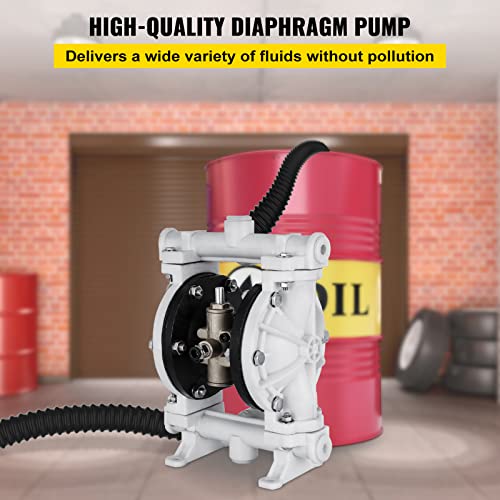 VEVOR Air-Operated Double Diaphragm Pump, 1/2 in Inlet & Outlet, Polypropylene Body, 2.5 GPM & Max 80PSI, PTFE Diaphragm Pneumatic Transfer Pump for Petroleum, Diesel, Oil & Low Viscosity Fluids - size: 2.5 GPM