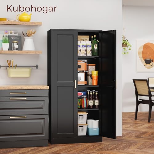 60" Tall Kitchen Pantry Cabinet, Metal Storage Cabinet with Doors - color: Black, size: 60"H-Square