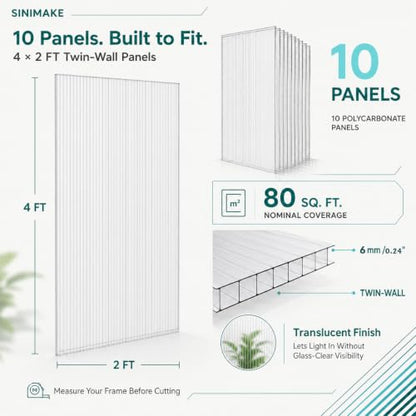 Sinimaka 10-Pack Polycarbonate Greenhouse Panels, 4 x 2 ft, 0.24 in 6mm Twin-Wall Sheets, UV-Coated Translucent Roof Replacement for Greenhouses and Cold Frames - size: 4' x 2' x 0.24'' 10Pack