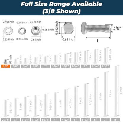 8 Sets Glvaner 3/8-16 x 1/2" Stainless Steel Hex Head Screws Bolts, Nuts, Flat & Lock Washers, 18-8 (304) Stainless Steel, Full Thread, Coarse Thread - size: 3/8-16 x 1/2"