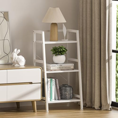 3-Tier Bookshelf, Ladder Shelf, Stand Up Shelves, Industrial Bookcase with Steel Frame, Metal Small Bookcase, for Living Room, Home Office, Kitchen, Bedroom, Industrial Style（White） - color: White, size: 3 Tier (11.8"D x 16.5"W x 31.3"H)