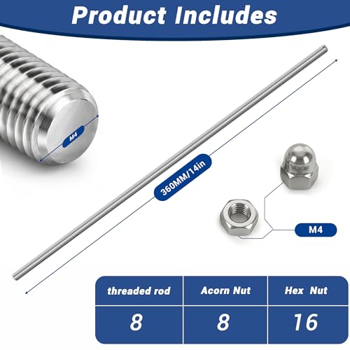 304 Stainless Steel M4 Threaded Rod,8 Pcs 14"(360mm) - size: M4x360mm