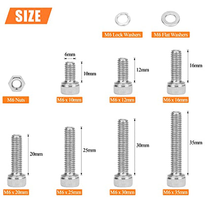 HELIFOUNER 120 Pieces M6 x 10mm /12mm /16mm /20mm /25mm /30mm /35mm, Hex Socket Head Cap Screws Bolts Washers Nuts Kit, 304 Stainless Steel - size: M6, style: Socket Head Screws