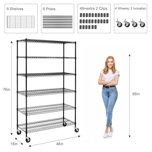 Meet perfect 6-Tier Wire Shelving Unit with Wheels, 48x18x72 in, Black - color: Black, size: 6-Tier, 72"H × 48"W × 18"D