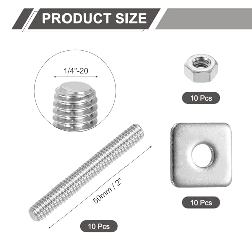 uxcell 1/4"-20 UNC Fully All Threaded Rod, 10 Pcs 304 Stainless Steel Long Threaded Screw 2" Length Right Hand Threads with Square Washers for Furniture Mounting Assembly Fastening - size: 2"
