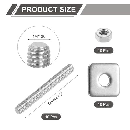 uxcell 1/4"-20 UNC Fully All Threaded Rod, 10 Pcs 304 Stainless Steel Long Threaded Screw 2" Length Right Hand Threads with Square Washers for Furniture Mounting Assembly Fastening - size: 2"