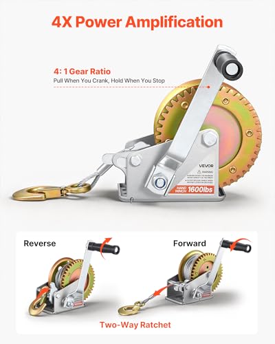 VEVOR Boat Winch, 1600 lbs Hand Winch, Heavy Duty Manual Rope Crank with 32.8ft Steel Wire, Portable Two-Way Ratchet, Anti-Slip Handle, Easy Installation Gear for Boat Trailer ATV Towing - size: 1600 lbs