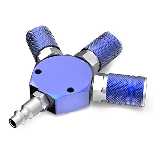 GASHER Blue 3-Way 1/4 Inch NPT Aluminum Hex Style Air Manifold with 3 Pieces Steel Industrial Coupler and Plug, Air Compressor Hose Accessories Quick Connect Fittings Air Splitter - style: BLUE 1PCS