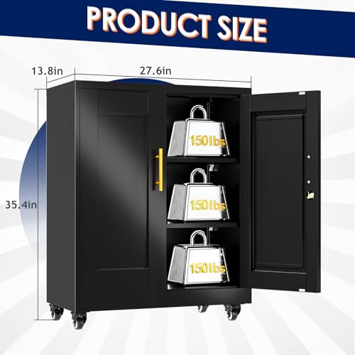erosoei 35" H Metal Garage Storage Cabinet, Rolling Tool Cabinet with 2 Doors and Wheels, Locker Steel Cabinet with 2 Adjustable Shelves, Organization Cabinet for Garage,Office,Home,Gym,School - color: Black, size: 35" NCasNLck