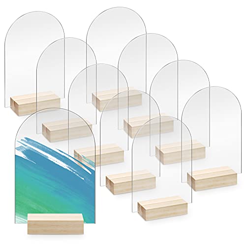 Bercoor 10 Pack 4x6 Inch Blank Clear Arch Acrylic Sign with Wooden Stands, Arched Round Top Acrylic Sheet, DIY Acrylic Arch Table Numbers for DIY Name Card Gifts Event Party Sign Decoration - size: 4x6 arched