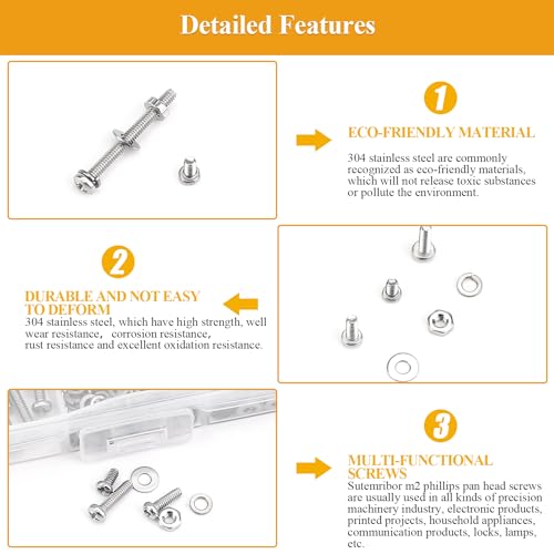 705 Pieces M2 Machine Screws Nuts Washers Set, Sutemribor M2 x 4/6/8/10/12/16/20mm Phillips Pan Head Machine Screws Nuts Washers Assortment Kit, 304 Stainless Steel, Fully Threaded - size: M2 Screws Kit, style: Phillips Pan Head