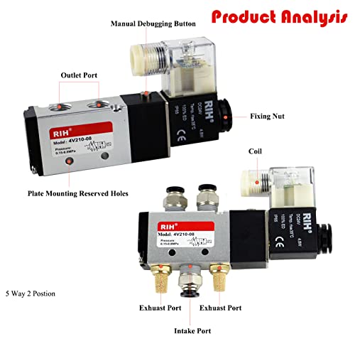 RIH Pneumatics Solenoid Valve 4V210-08 12V/24V/110V Series Single Coil Pilot-Operated Electric 2 Position 5 Way Connection Type (DC24V/Junction Box, 1/4"NPT) - size: DC24V/Junction Box, style: 1/4"NPT