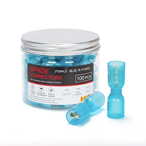 HKS 100PCS Female Spade Connector Blue 16-14 AWG - Heat Shrink Electrical Quick Disconnect Wire Connectors Kit - Tinned Red Copper - Automotive Marine Crimp Connectors - Waterproof and Insulated - color: Blue 16-14AWG, size: Female
