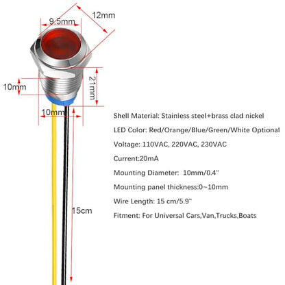 Gebildet 5pcs 10mm LED Metal Indicator Light 110V-220V AC Waterproof Signal Lamp (Red) - color: Red 110V