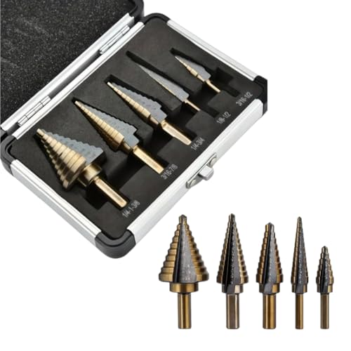 5PCS Step Drill Bit Set Carbon Steel HSS Cobalt Titanium Conical 50 Sizes Aluminum Case for Construction Carpentry Metalwork - color: Multicolor
