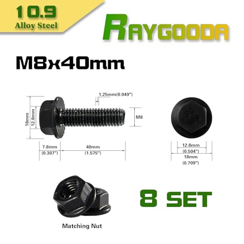 M8-1.25x40mm Flange Bolt and Nut Kit 8set- Grade 10.9 Alloy Steel, Black Zinc,Full Thread, Serrated Self-Locking, Vibration Resistant for Automotive, Machinery & Heavy Duty - size: M8x40mm(8 Sets）