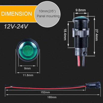5pcs 10mm LED Indicator Light Plastic Black Signal Dot Lamp 12V-24V 2/5" Mounting Hole Size with 15cm/5.9in. Wire (Green LED) - color: Green, size: 10mm 12-24V