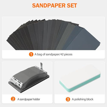 KENDO 44pcs Wet & Dry Sandpaper with Sanding Block, 120 to 3000 Grit - style: WDS-44PCS