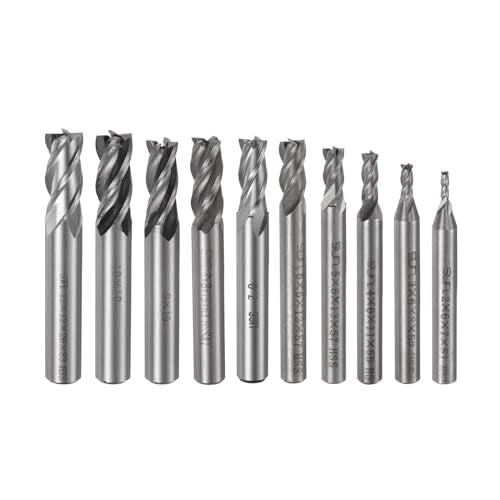 uxcell Carbide End Mills Sets 4-Flute 2mm 3mm 4mm 5mm 6mm 7mm 8mm 9mm 10mm 12mm High-Speed Steel CNC Milling Cutter Bits Tool for Aluminum Steel Cutting Metalworking