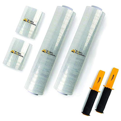 Modern Innovations Clear Stretch Wrap Roll Bundle - (2) 15" Rolls, (2) 5" Rolls, (2) Handles,(4000 Feet) Shrink Wrap for Moving, Packing Supplies for Wrapping Furniture, Plastic Pallet Cling - size: 4 Count