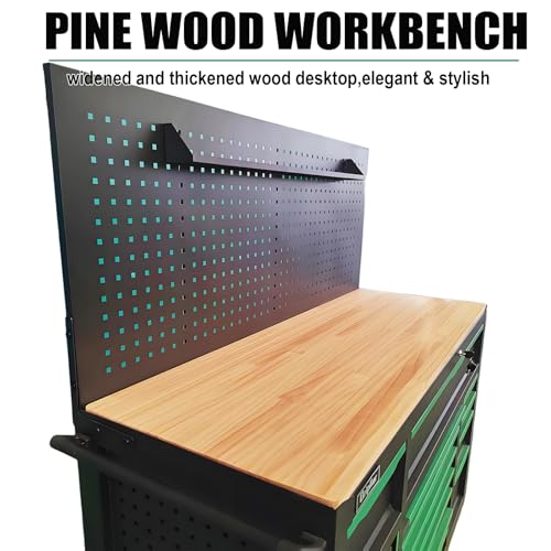 13-Drawers Rolling Tool Cabinet with Wood Workbench,Pegboard,60.6W x 22.7D x 66.1H inch,Heavy-Duty Steel Tool Storage,Lock & Key for Home,Garbge or Workshop Use(13 Drawer + 348 Pieces Tools)