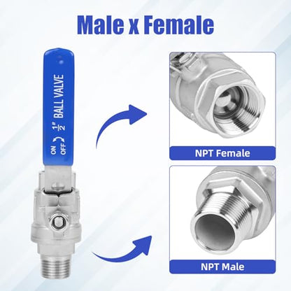 YADIAN 4 Pack Full Port Ball Valve 1/2 Inch - NPT Male x Female 304 Stainless Steel Heavy Duty Shut Off Valve with Locking Device for Water, Oil, and Gas, 1000WOG (1/2'' NPT, Pack of 4) - size: 1/2''