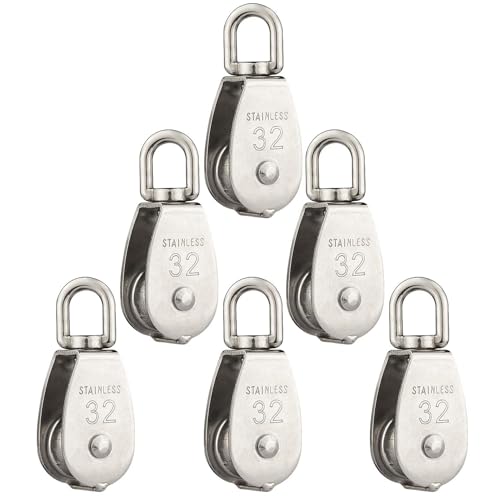 6 Pcs M32 Single Pulley Black Loading 440 lbs, STARVAST Stainless Steel Heavy Duty Swivel Lifting Rope Pulley Block 32mm Pulley Roller - size: M32-6PCS
