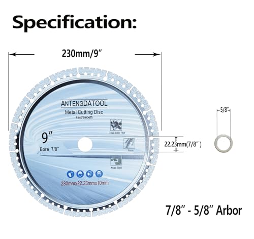 9 Inch Metal Cutting Diamond Blade, 230mm Cut Off Wheel 7/8"-5/8" Arbor for Cast Iron Rebar Carbide Stainless Steel(Not for Soft Metal) - size: 230mm(9")