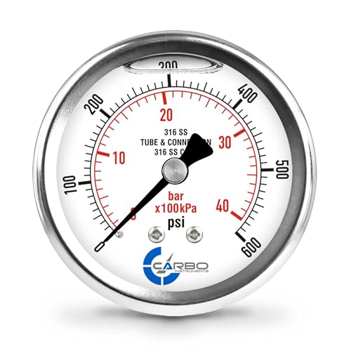 Carbo 600 PSI Liquid Filled Pressure Gauge with NIST Traceable Certificate, Calibrated in USA Lab, 2.5" Dial, 1/4 NPT Back Mount, ASME Grade A, 316 SS Case, 316 SS Wetted Parts, PSI/Bar - size: 0-600 PSI, style: NIST TRACEABLE