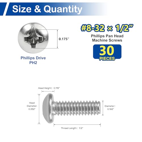 30 Sets #8-32 x 1/2" Pan Head Machine Screws Nuts Washers Assortment Kit - size: #8-32 x 1/2"