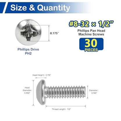 30 Sets #8-32 x 1/2" Pan Head Machine Screws Nuts Washers Assortment Kit - size: #8-32 x 1/2"