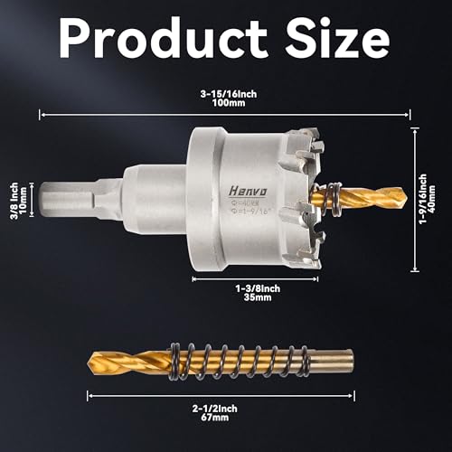 Hole Saw 1-9/16" (40mm) Heavy Duty Carbide with 2 Pilot Drill Bits - Metal Hole Cutter Cuts Stainless Steel, Iron, Copper, Brass, Plastic - size: 40mm|1-9/16"