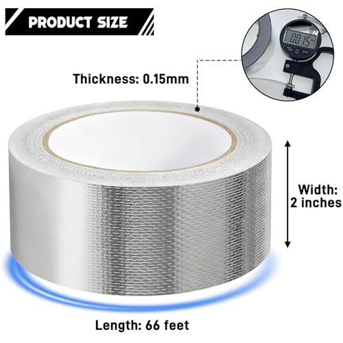 2" x 66 Ft Aluminum Foil Tape, 5.91 mil - Heavy Duty Heat Shield & Thermal Insulation Fiberglass Tape for HVAC Ductwork, Metal Ducts, Dryer Vents, AC Pipes, Exhaust Repair
