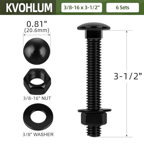 6 Sets 3/8-16 x 3-1/2" Carriage Bolt Kit, Round Head Square Neck, Black Carriage Bolts and Hex Nuts Set with Flat Washers - size: 3/8-16 x 3-1/2"