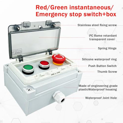 Waterproof Push Button Switch Box, IP67 Rated, Outdoor Industrial Start/Stop Control Box with Protective Cover (Green/red/Emergency Stop Button Switch Box) - color: Green/red/ emergency stop button switch box