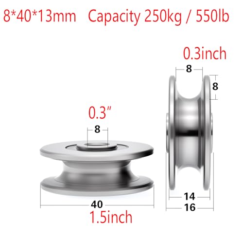 270kg/550 lbs Deep U Groove Ball Bearings Pulley,Metal Pulley Wheel Bearings Wheel Wire Rope Pulley for Lifting Guide, 8mm/0.3" Inner Dia (40mm/1.5inch) - size: 40mm/1.5inch