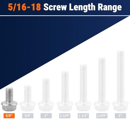5/16-18 x 5/8" Flange Hex Bolts, 304 Stainless Steel 18-8, A2-70 Grade, Non-Serrated Flange Bolts for Automotive Repair, Fully Threaded, 12 Pcs - size: 5/16-18 x 5/8