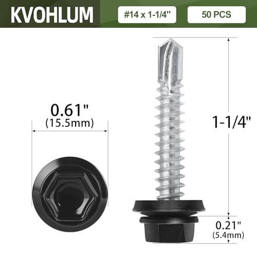 #14 x 1-1/4" (50 PCS) Black Metal Roofing Screws with Rubber Washer, Hex Head Self Tapping Screws for Metal, Self Drilling Sheet Metal Screw - size: #14 x 1-1/4"
