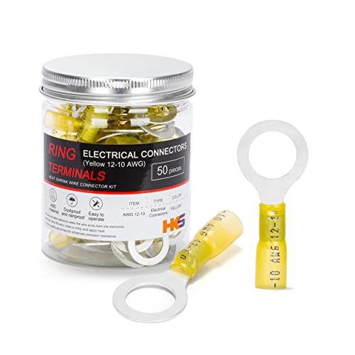 HKS 50 PCS Ring Terminals 1/2" Yellow 12-10 AWG - M12 - Electrical Connectors - Heat Shrink Wire Connector Kit - Tinned Red Copper - Automotive Marine Ring Connectors - Waterproof and Insulated - color: Yellow, size: 1/2" (M12)